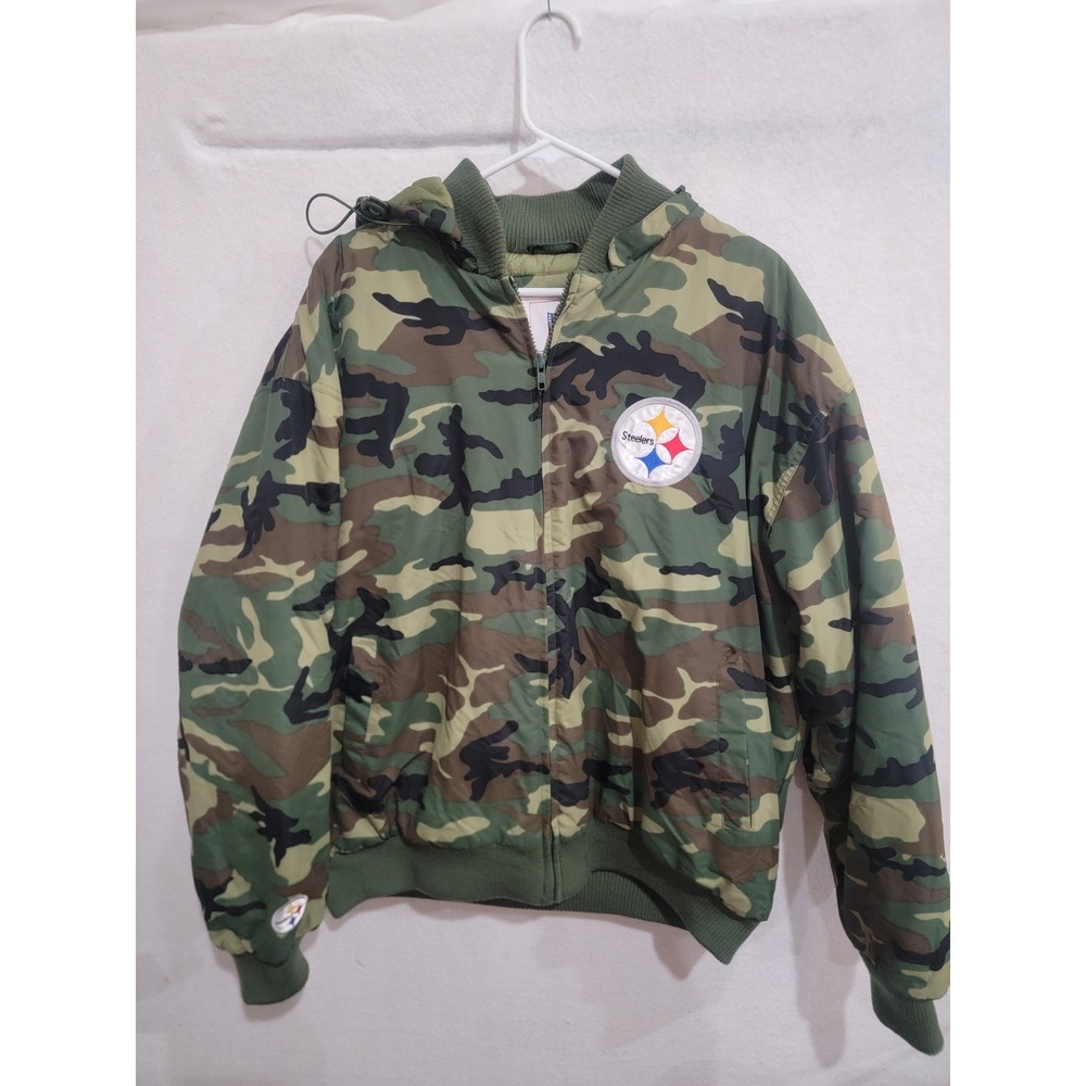 Vintage Y2K G-III Pittsburgh Steelers Camo Hooded Puffer Jacket Mens XL NFL Rare